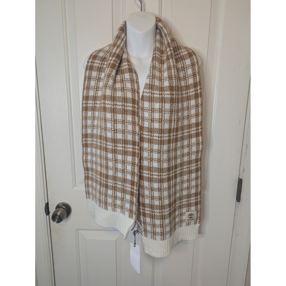 Timberland Plaid Knit Scarf White Wheat Brown Logo Patch NWT